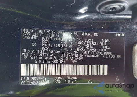 2008 Toyota Sequoia Sr5 4.7L V8 z USA, uszkodzony, nr VIN 5TDBT64A18S000085